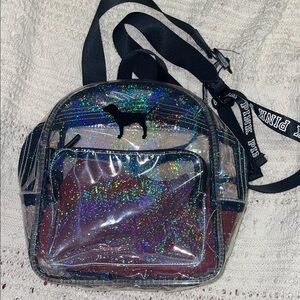 PINK Victoria's Secret Holographic Clear Backpack with Black Details